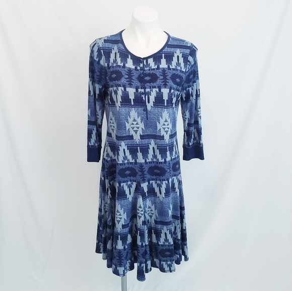 LRL Lauren Ralph Lauren Aztec Southwestern Dress Blue Cotton - Picture 1 of 10